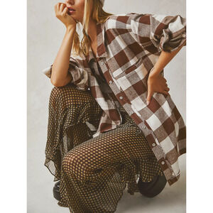 We The Free So Long Brown Cotton Summer Plaid Top Size S